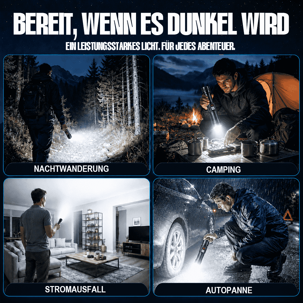 Ultrahelle Hochleistungs-Akku-Taschenlampe – Zoomlicht, Schnellladung & lange Akkulaufzeit für Outdoor & Notfälle
