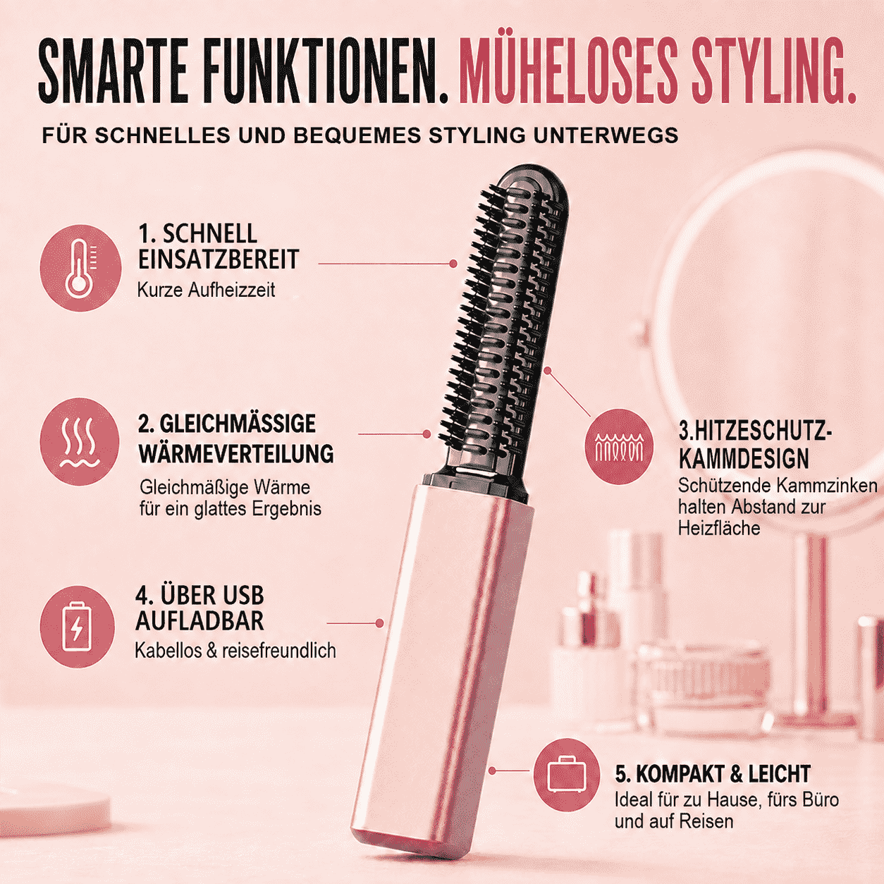 3-in-1-Haarstylingbürste mit Verbrennungsschutz | Glätten, Locken & Volumen verleihen