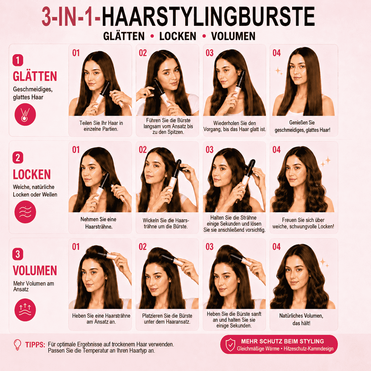 3-in-1-Haarstylingbürste mit Verbrennungsschutz | Glätten, Locken & Volumen verleihen