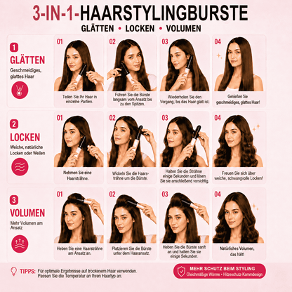 3-in-1-Haarstylingbürste mit Verbrennungsschutz | Glätten, Locken & Volumen verleihen