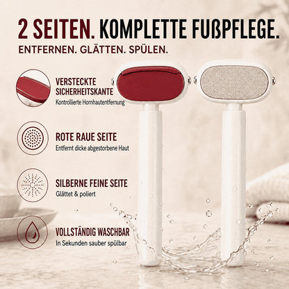 2-in-1 Hornhautentferner für die Füße – Rote Seite entfernt Hornhaut, silberne Seite glättet & poliert