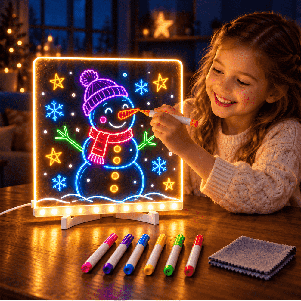 LED-Leuchtzeichenbrett für Kinder – Wiederverwendbares DIY-Malset mit 7 farbigen Stiften, Wischtuch und Ständer