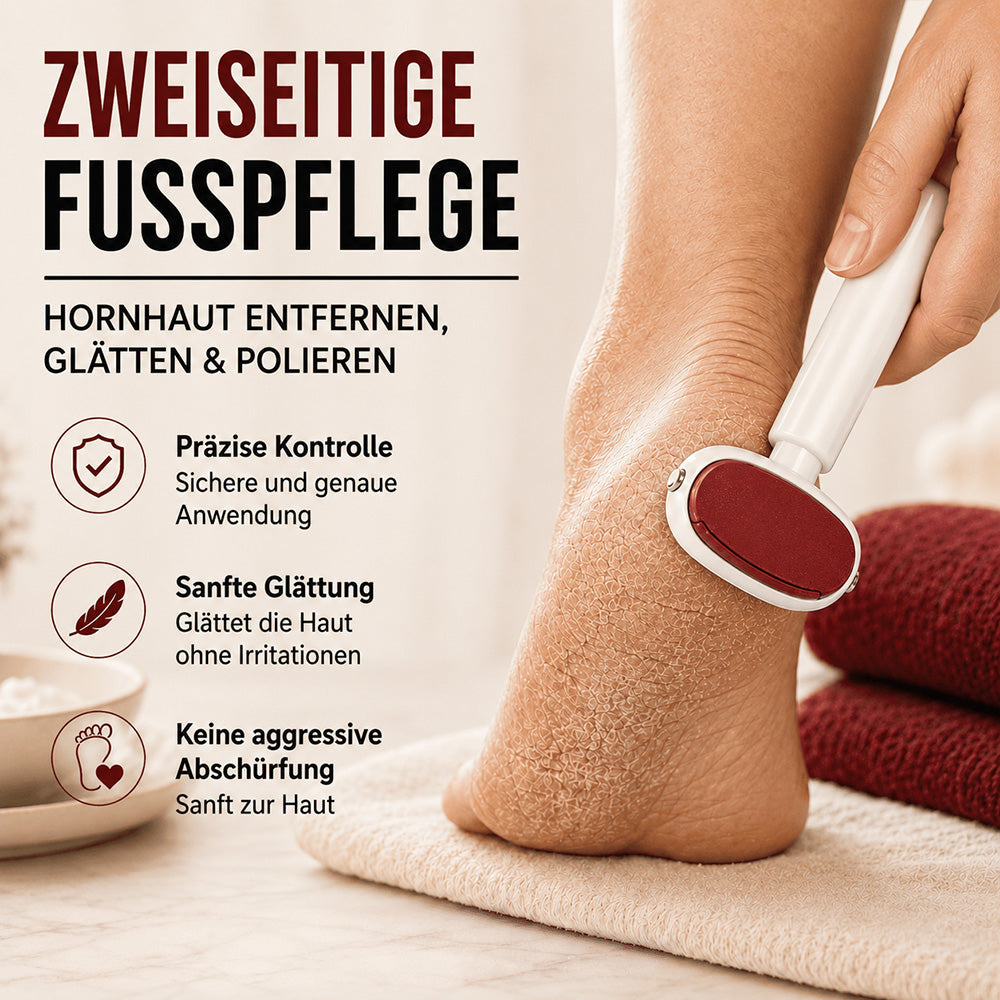 2-in-1 Hornhautentferner für die Füße – Rote Seite entfernt Hornhaut, silberne Seite glättet & poliert