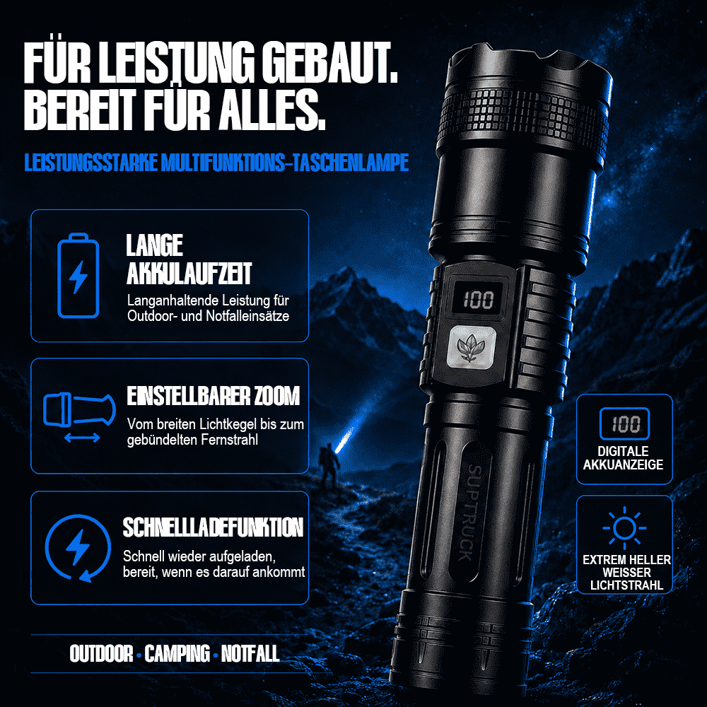 Ultrahelle Hochleistungs-Akku-Taschenlampe – Zoomlicht, Schnellladung & lange Akkulaufzeit für Outdoor & Notfälle