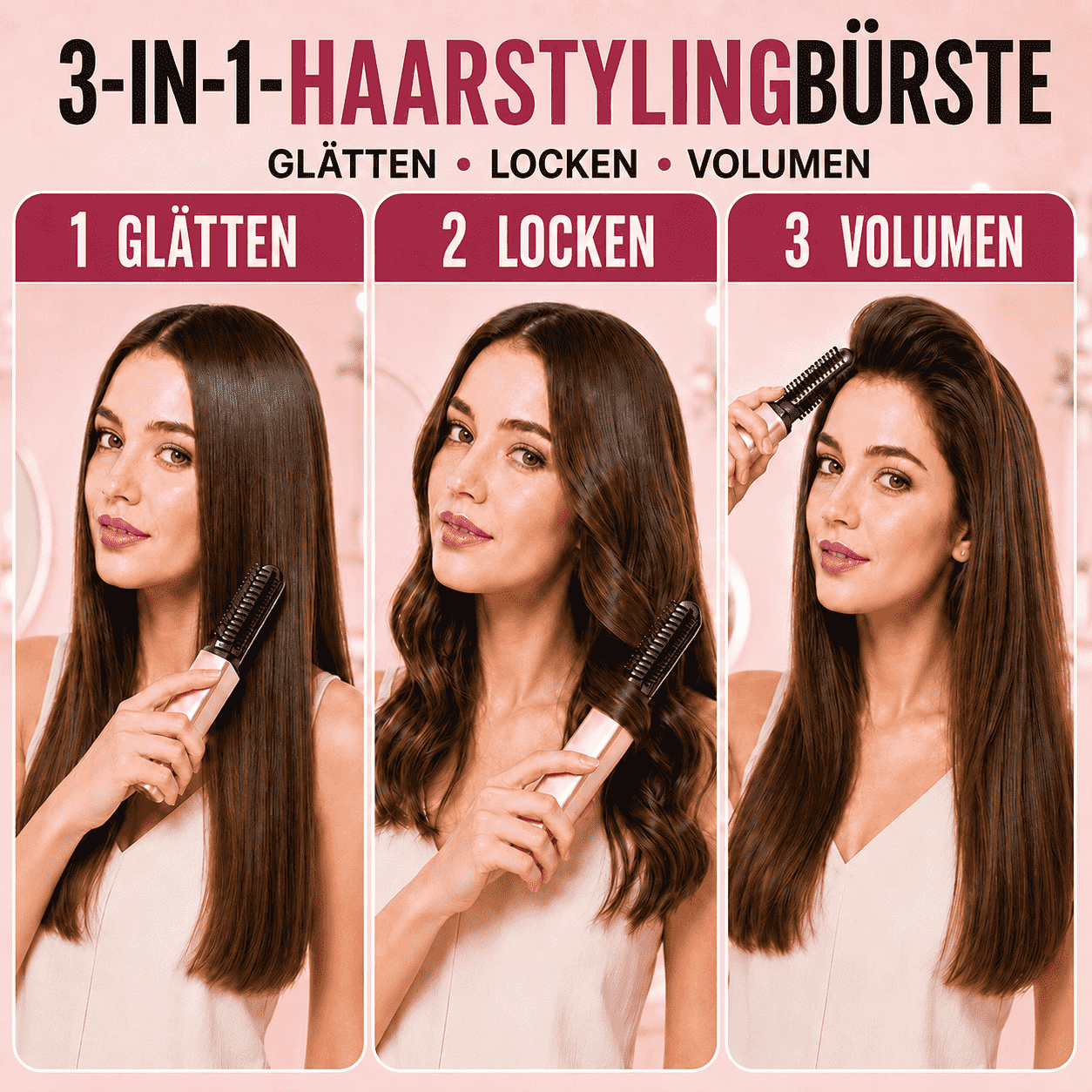 3-in-1-Haarstylingbürste mit Verbrennungsschutz | Glätten, Locken & Volumen verleihen