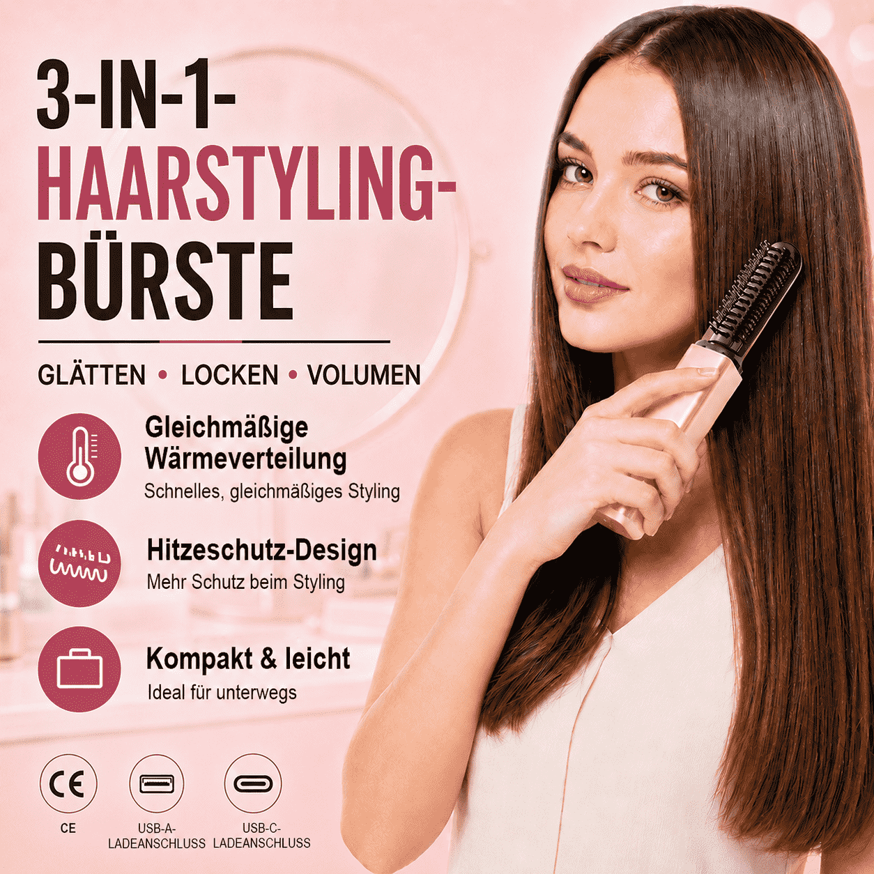 3-in-1-Haarstylingbürste mit Verbrennungsschutz | Glätten, Locken & Volumen verleihen